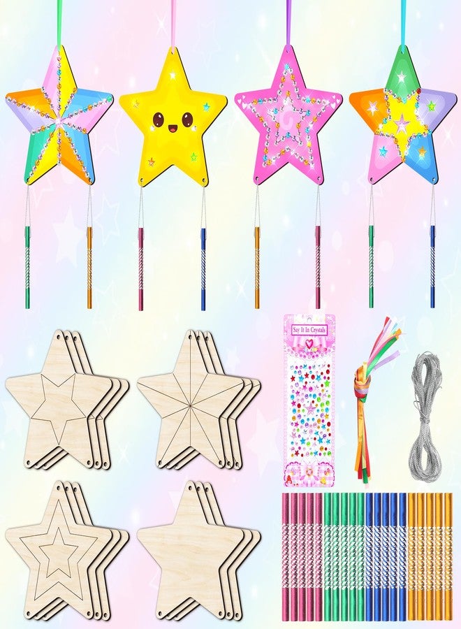 TREACLUB 12 Pack Star Wind Chime Kits for Kids, Make Your Own Star Wind Chime Wooden Craft for Girls Boys DIY Coloring Wood Art and Craft for Birthday Gift Party Decoration - Image 1